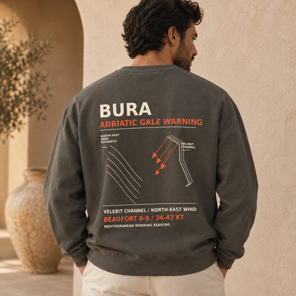 TP HERO: Bura Warning Pepper Comfort Colors 1566 sweatshirt back on model with Adriatic Gale Warning artwork