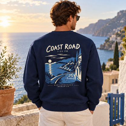 TP HERO: Coast Road 7:20 PM True Navy sweatshirt back lifestyle view with the Mediterranean coastal road artwork.