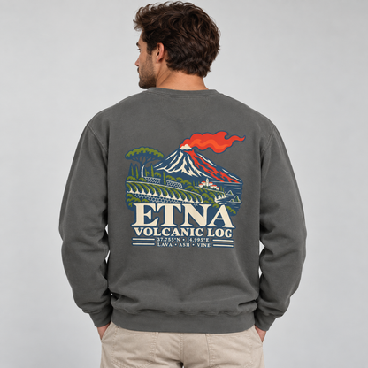 TP HERO: Etna Volcanic Log Pepper Comfort Colors 1566 sweatshirt shown from the back with Mount Etna artwork.