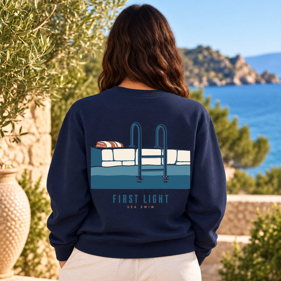 First Light Sea Swim True Navy sweatshirt card image focused on the large Mediterranean sea ladder back design
