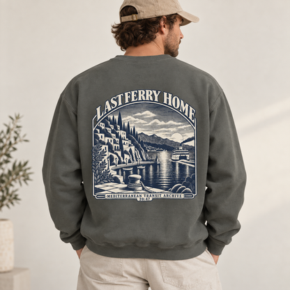 TP HERO: Last Ferry Home Pepper Comfort Colors 1566 sweatshirt shown from the back with Mediterranean ferry artwork.