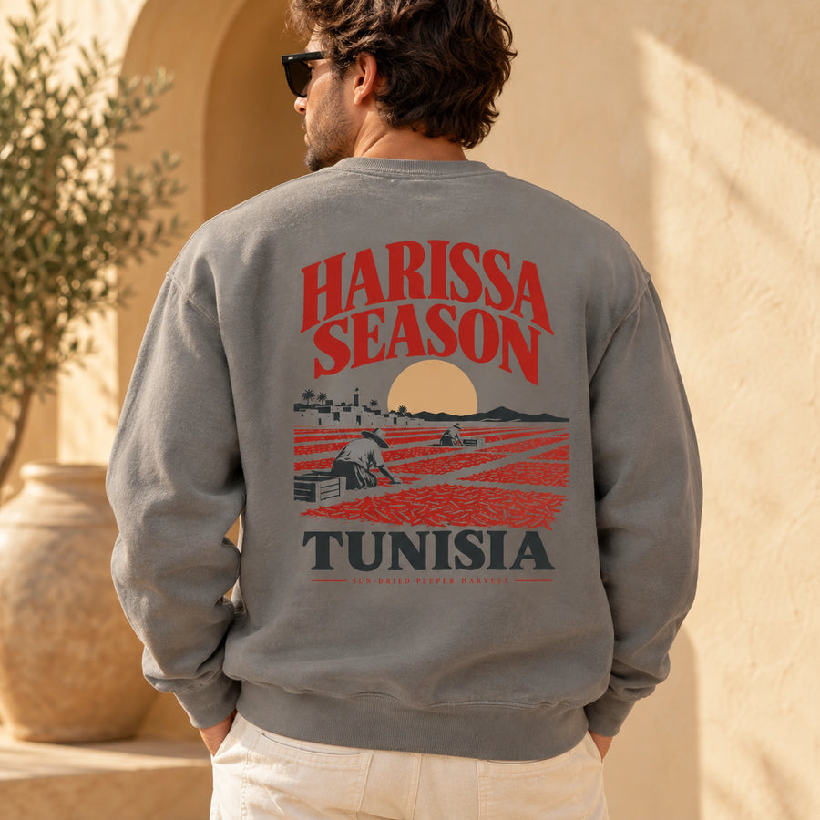 TP HERO: Harissa Season Grey sweatshirt back on male model with Tunisia sun-dried pepper harvest artwork