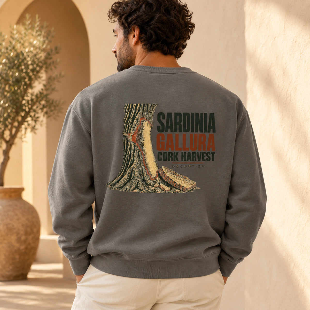 TP HERO: Sardinia Cork Harvest Grey sweatshirt back on model with Gallura cork-harvest artwork