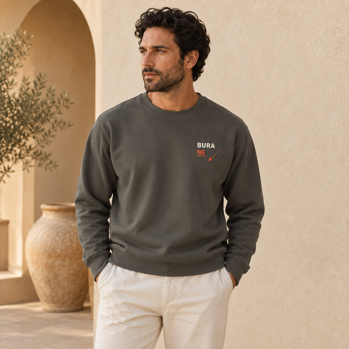 Bura Warning Pepper Comfort Colors 1566 sweatshirt front on male model with BURA NE chest print