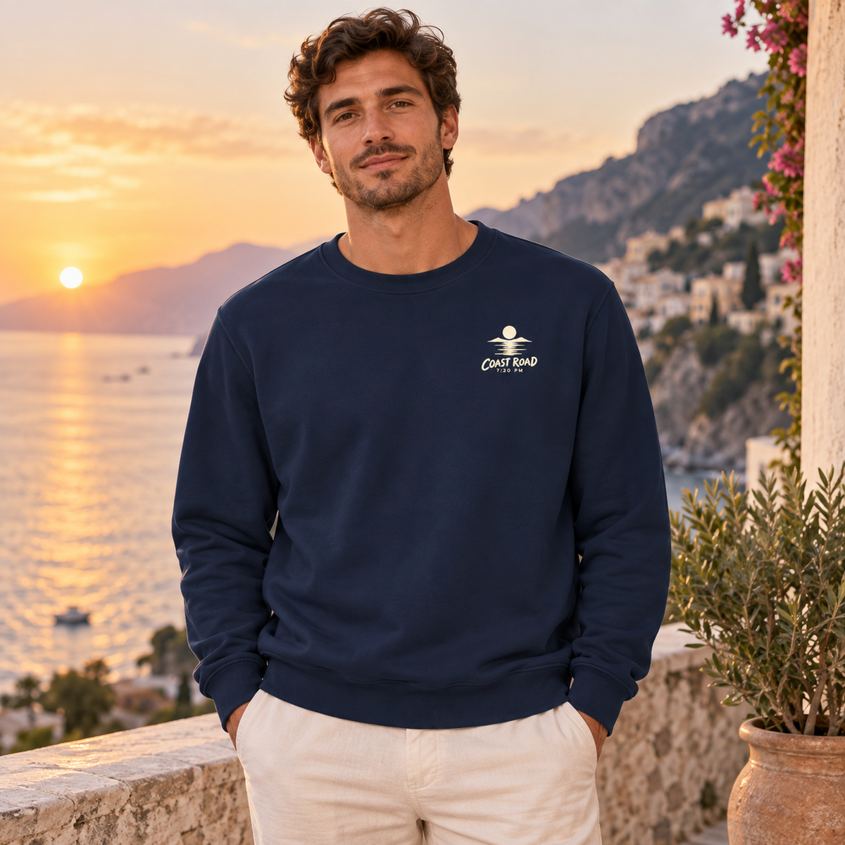 Coast Road 7:20 PM True Navy sweatshirt on a male model, front lifestyle view with the cream left-chest mark.