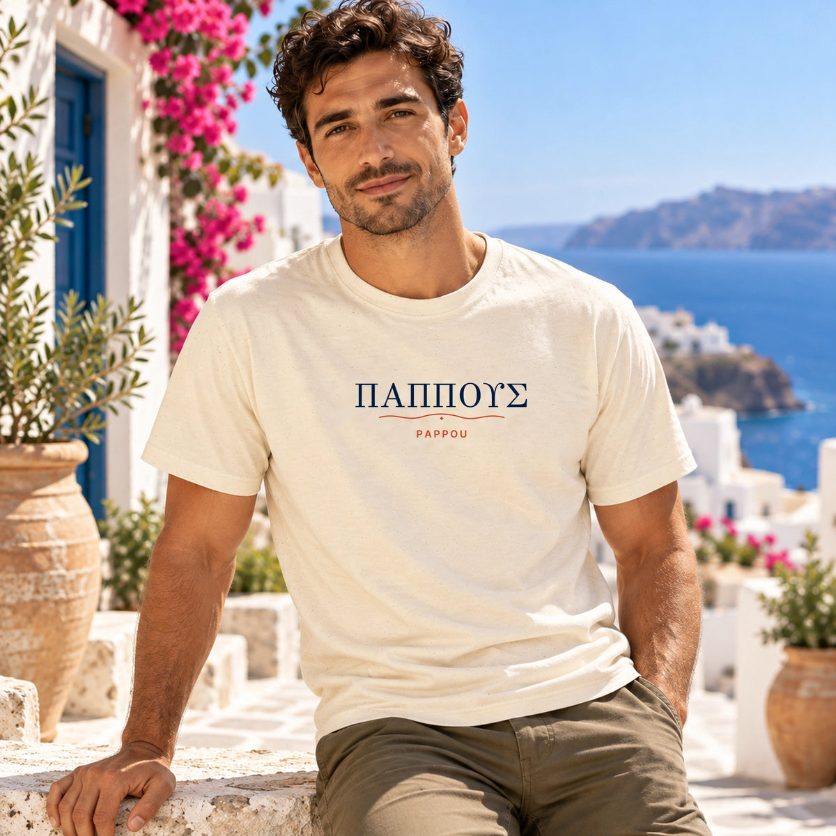 PAPPOU Natural tee worn by male model seated in Mediterranean terrace setting