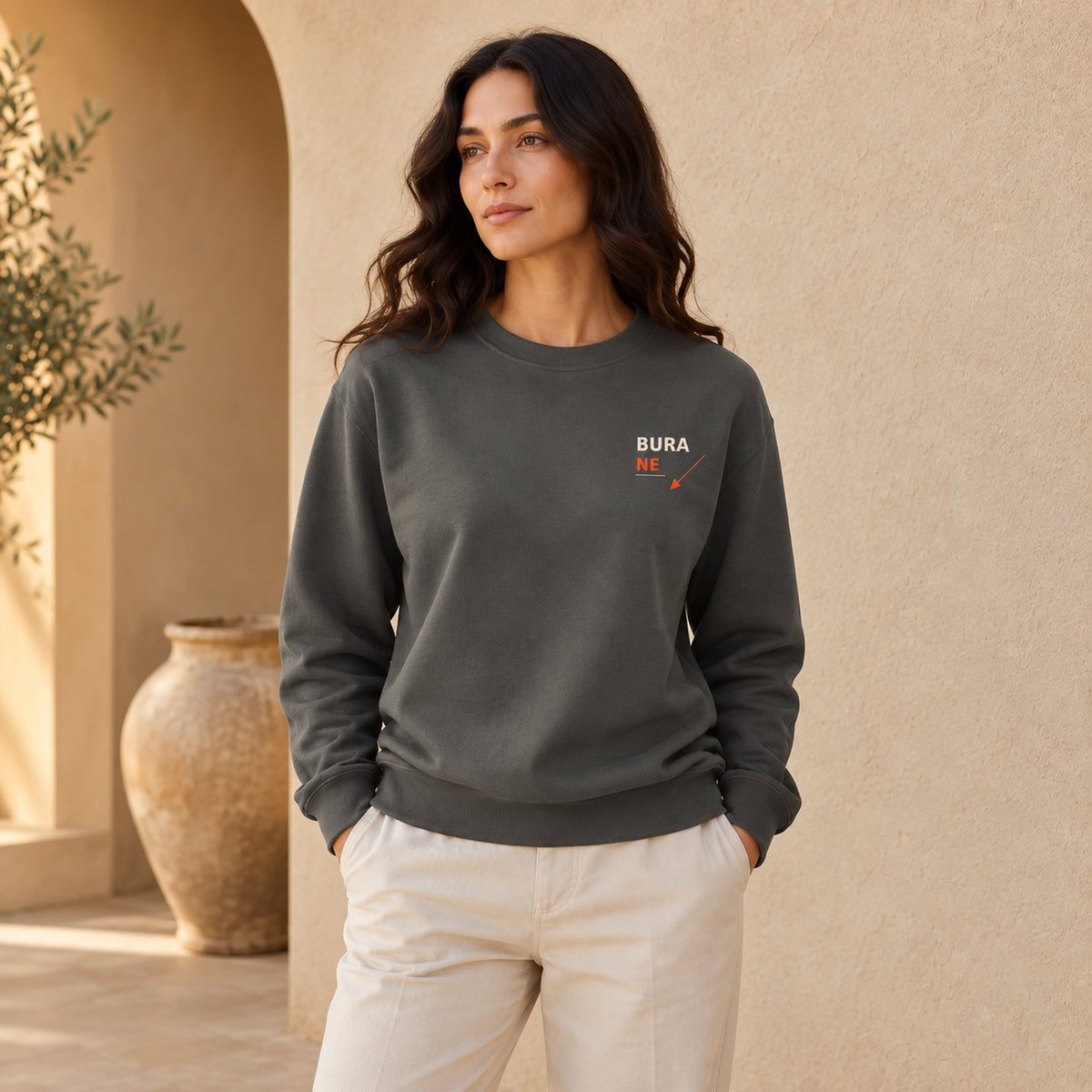 Bura Warning Pepper Comfort Colors 1566 sweatshirt front on female model with BURA NE chest print