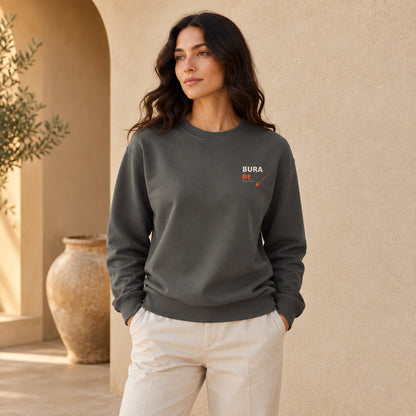 Bura Warning Pepper Comfort Colors 1566 sweatshirt front on female model with BURA NE chest print