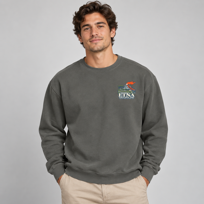 Etna Volcanic Log Pepper sweatshirt on model showing the small left-chest Mount Etna print.