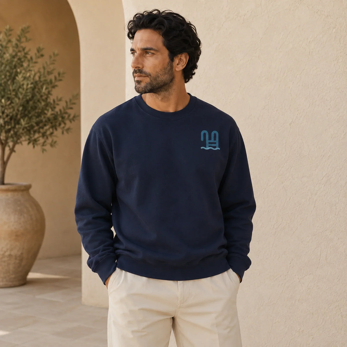 First Light Sea Swim True Navy sweatshirt front on second approved Fall 2026 model with sea ladder chest mark