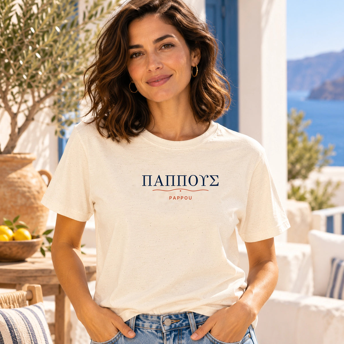 PAPPOU Greek heritage Natural T-shirt on approved female model in courtyard
