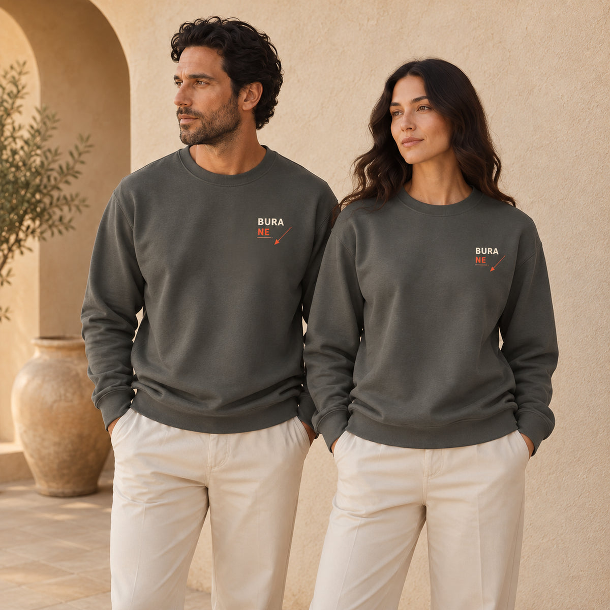 Bura Warning Pepper sweatshirt lifestyle duo showing the BURA NE chest print