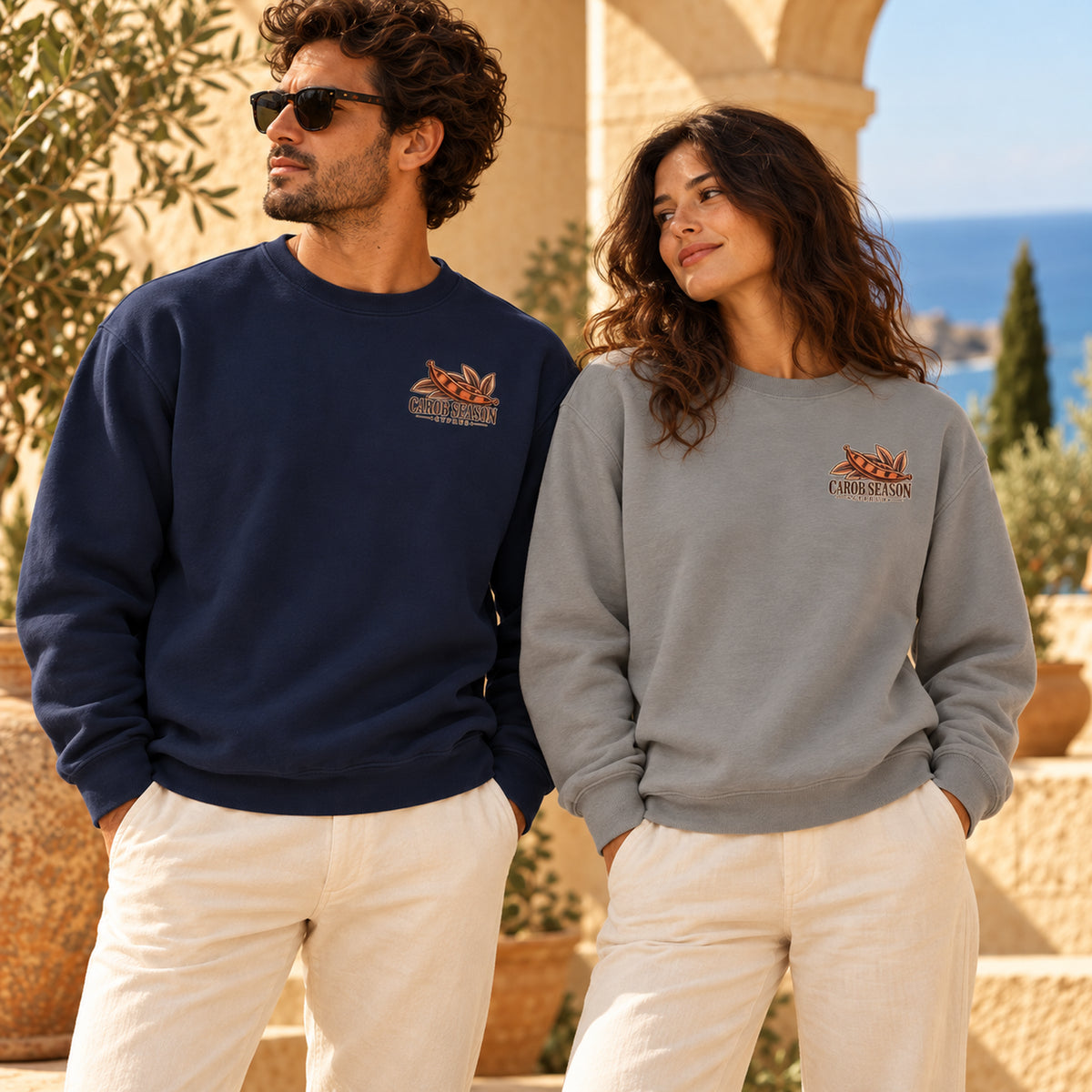 Carob Season Cyprus Harvest True Navy and Grey sweatshirts lifestyle duo