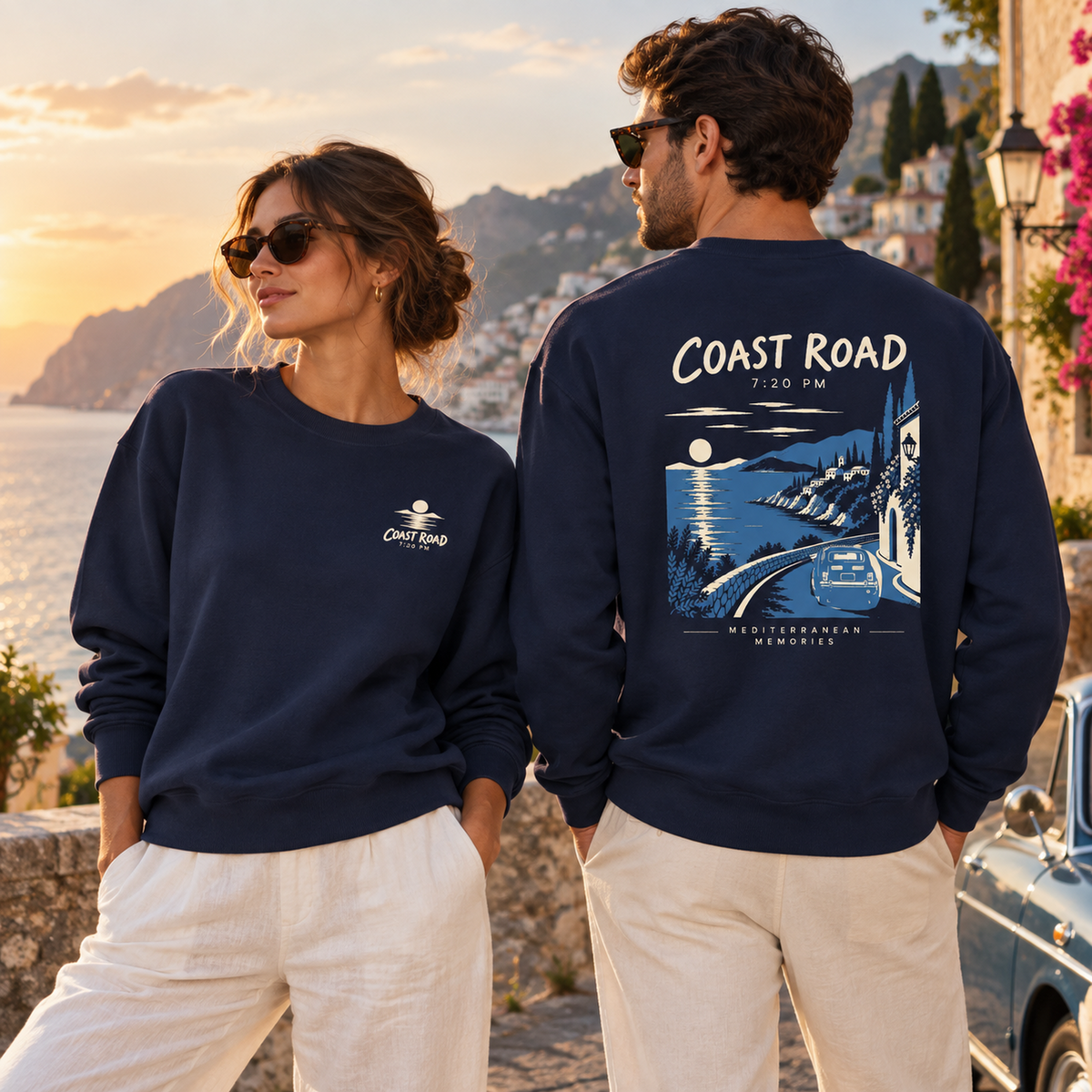 Coast Road 7:20 PM True Navy sweatshirt lifestyle duo showing the front chest mark and full back artwork.