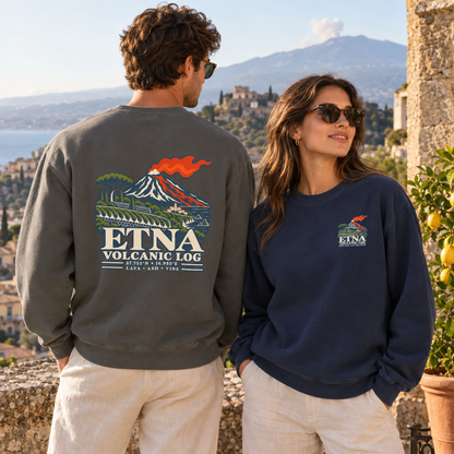 Etna Volcanic Log Pepper and True Navy sweatshirts styled in a Sicily-inspired Mediterranean setting.