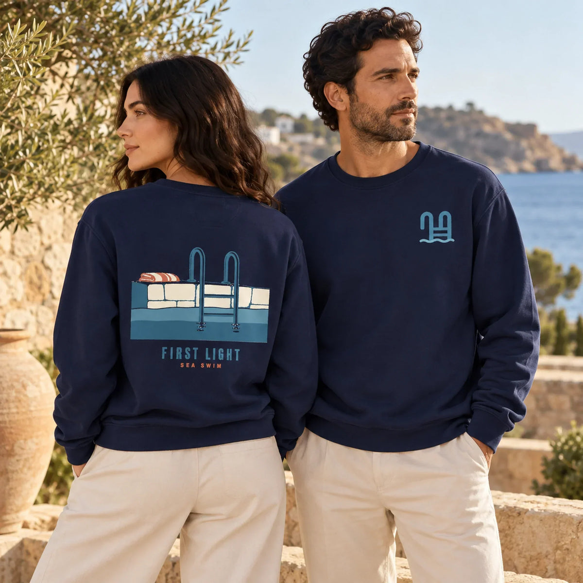 First Light Sea Swim True Navy sweatshirt lifestyle duo showing front chest mark and back design