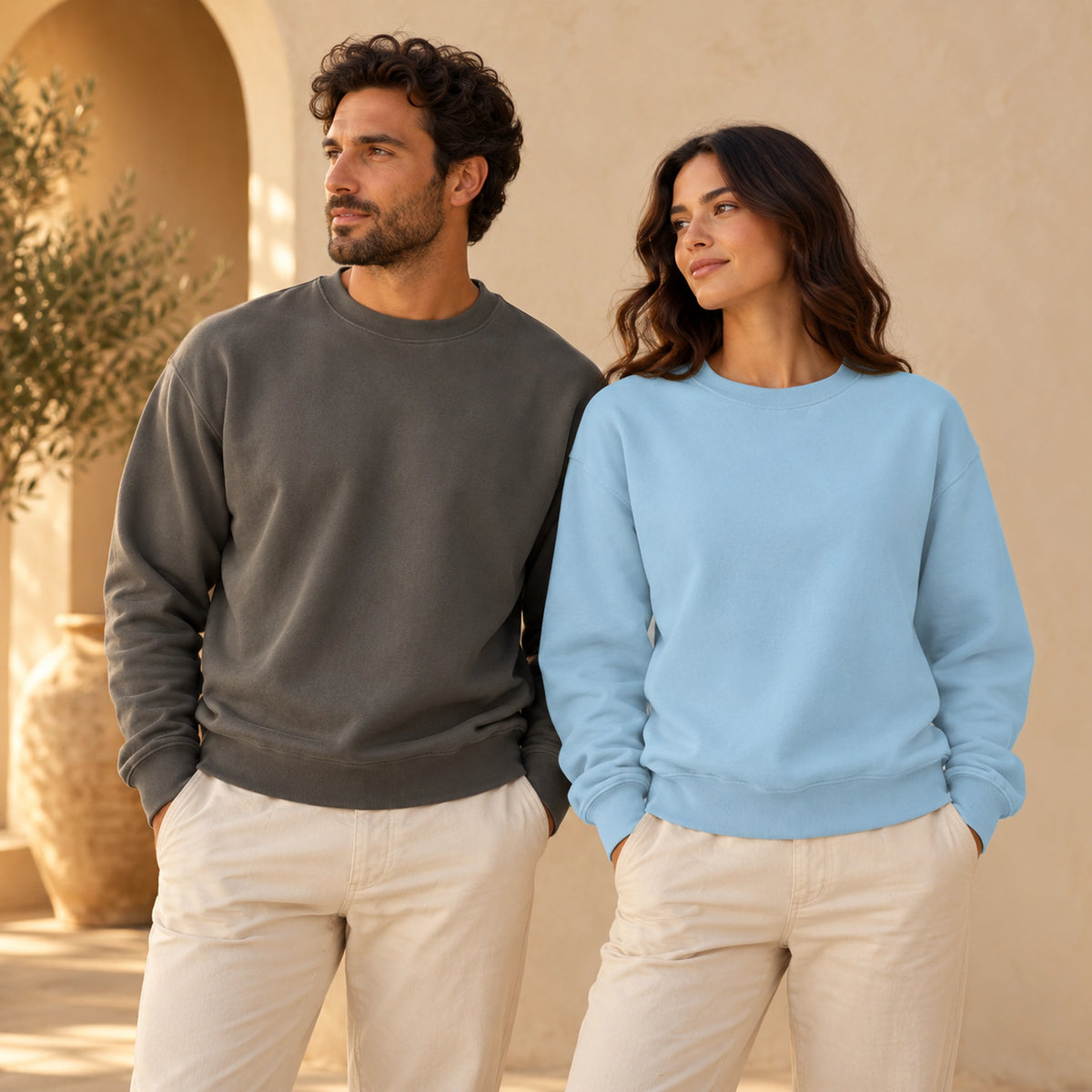 Sardinia Cork Harvest Grey and Chambray sweatshirts on male and female models