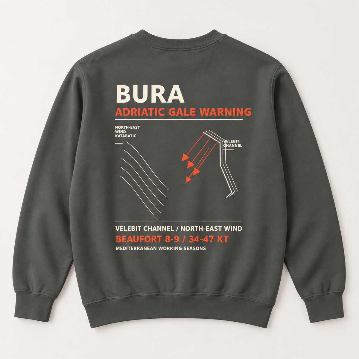 Bura Warning Pepper Comfort Colors 1566 sweatshirt back flat lay with Adriatic Gale Warning artwork