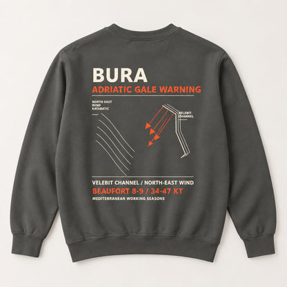 Bura Warning Pepper Comfort Colors 1566 sweatshirt back flat lay with Adriatic Gale Warning artwork