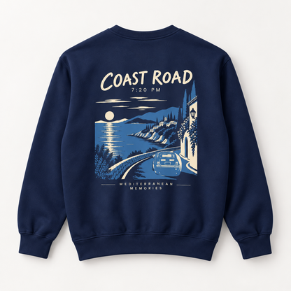 Coast Road 7:20 PM True Navy sweatshirt back product view with the full Mediterranean coastal road artwork.