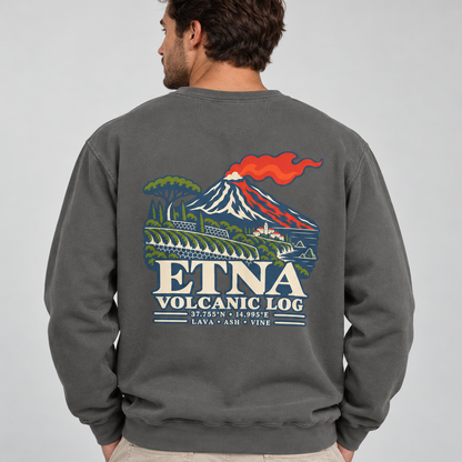 Close-up of the Etna Volcanic Log back artwork on a Pepper Comfort Colors 1566 sweatshirt.