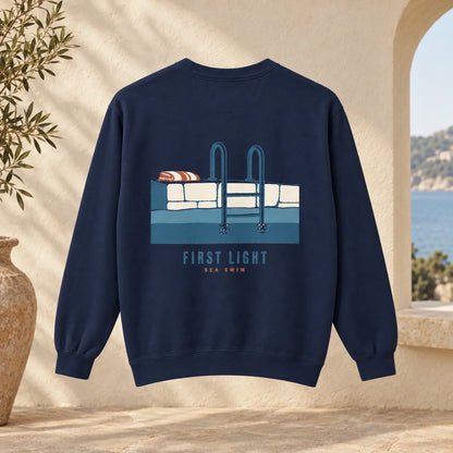 First Light Sea Swim True Navy sweatshirt back product view with full Mediterranean sea swim artwork