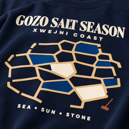 Close-up of the Gozo Salt Season back print showing the salt-pan geometry, marine blue pools and small harvest rake detail.