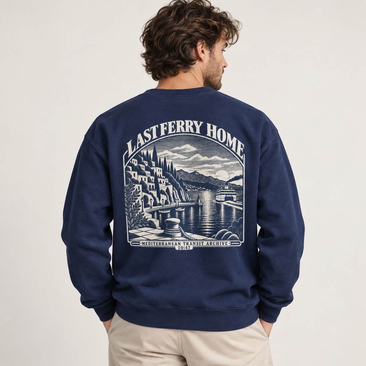 Last Ferry Home True Navy Comfort Colors 1566 sweatshirt shown from the back with large ferry artwork.