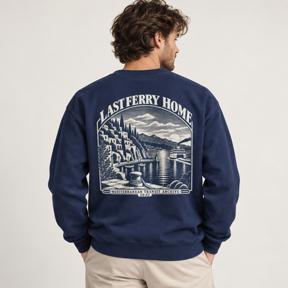 Last Ferry Home True Navy Comfort Colors 1566 sweatshirt shown from the back with large ferry artwork.