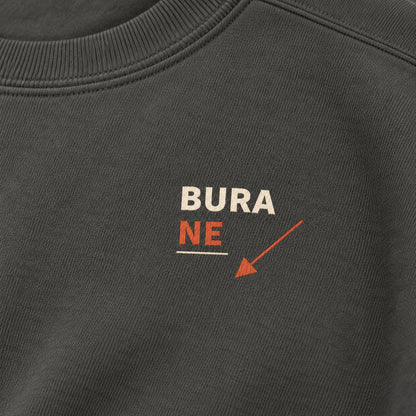 Bura Warning Pepper sweatshirt macro close-up of the BURA NE front chest print and garment texture
