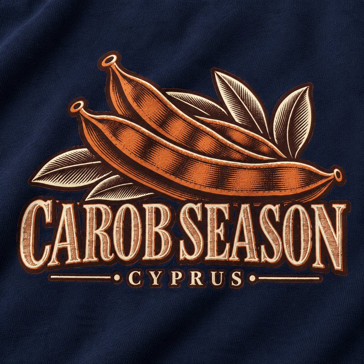 Carob Season Cyprus Harvest back print close-up on True Navy sweatshirt