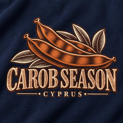 Carob Season Cyprus Harvest back print close-up on True Navy sweatshirt