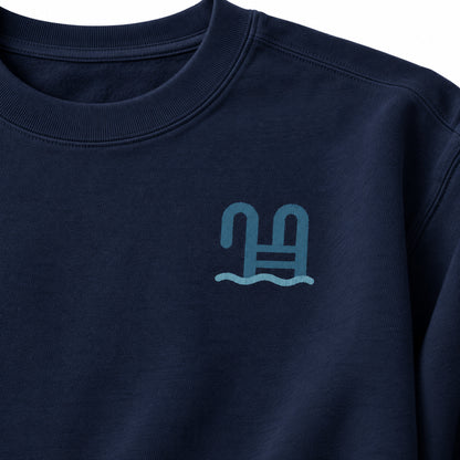 First Light Sea Swim True Navy sweatshirt close-up of the sea ladder left-chest print