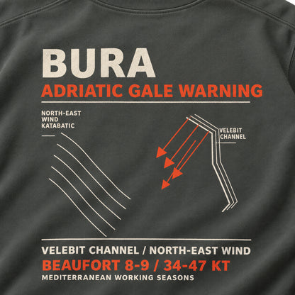 Bura Warning Pepper sweatshirt macro close-up of the Adriatic Gale Warning back design and garment texture