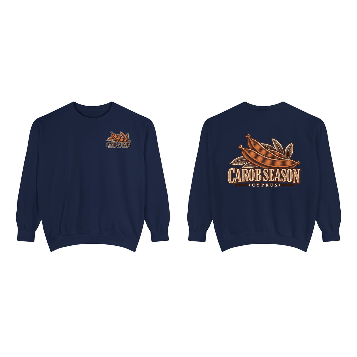 Carob Season Cyprus Harvest True Navy sweatshirt front and back product views