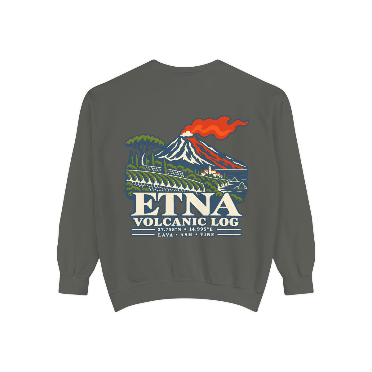 Pepper Comfort Colors 1566 sweatshirt flat lay showing the Etna Volcanic Log large back print.