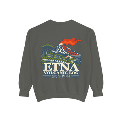 Pepper Comfort Colors 1566 sweatshirt flat lay showing the Etna Volcanic Log large back print.