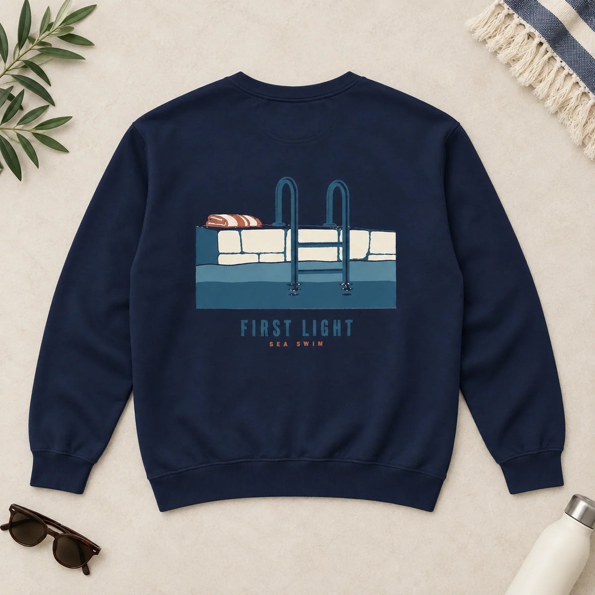 First Light Sea Swim True Navy sweatshirt back flat lay with full sea ladder design