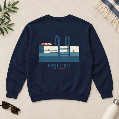 First Light Sea Swim True Navy sweatshirt back flat lay with full sea ladder design