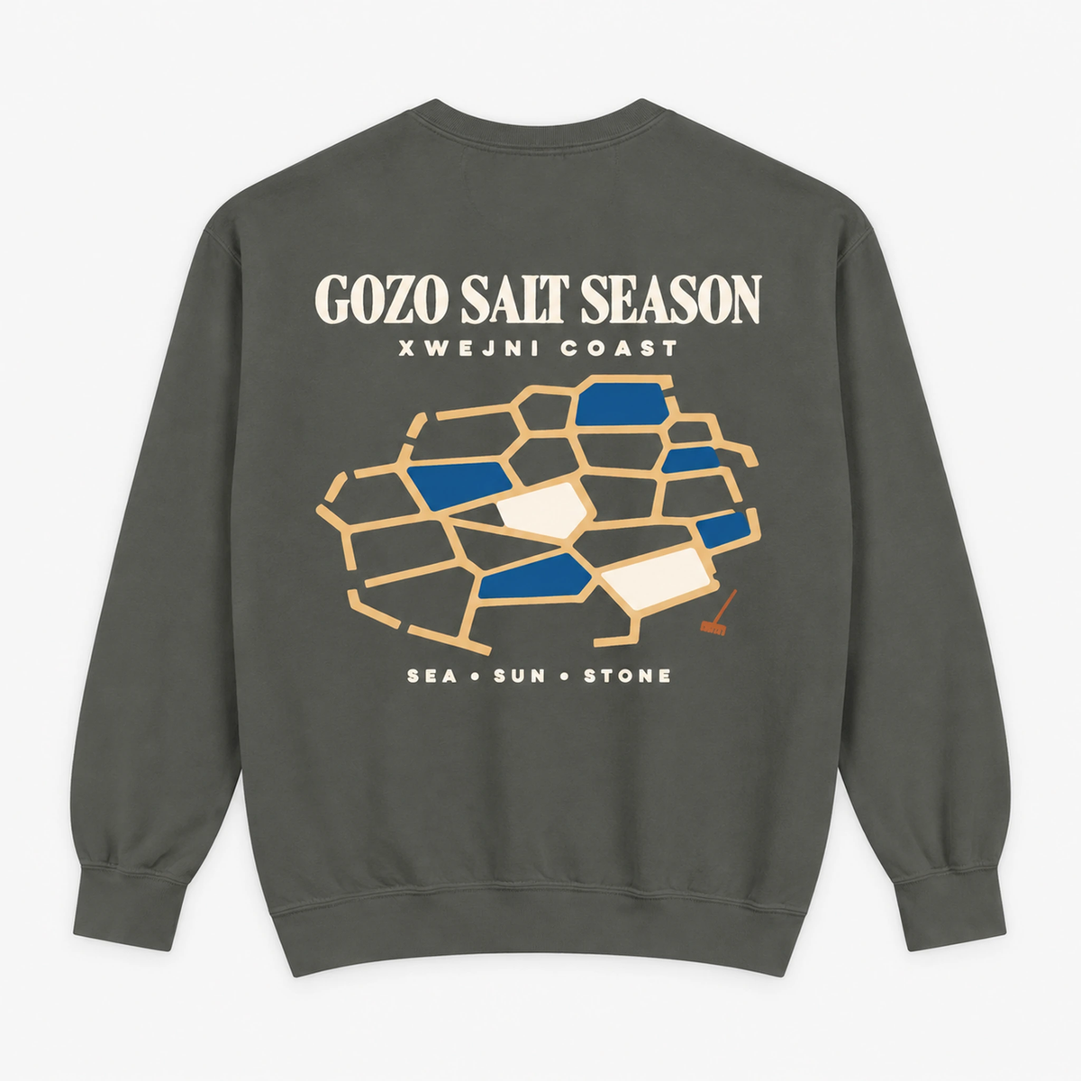 Pepper Gozo Salt Season sweatshirt flat lay showing the Mediterranean salt-pan back design on the Comfort Colors 1566 crewneck.
