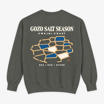 Pepper Gozo Salt Season sweatshirt flat lay showing the Mediterranean salt-pan back design on the Comfort Colors 1566 crewneck.