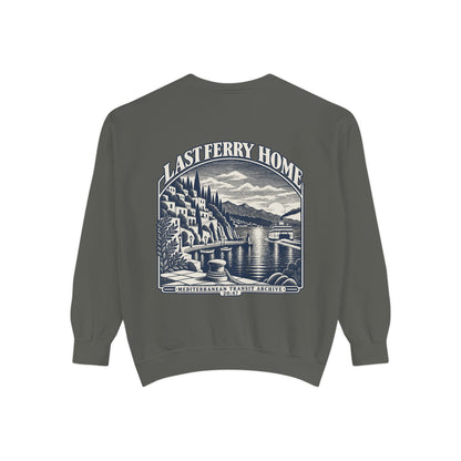 Pepper Comfort Colors 1566 sweatshirt flat lay showing the Last Ferry Home large back print.