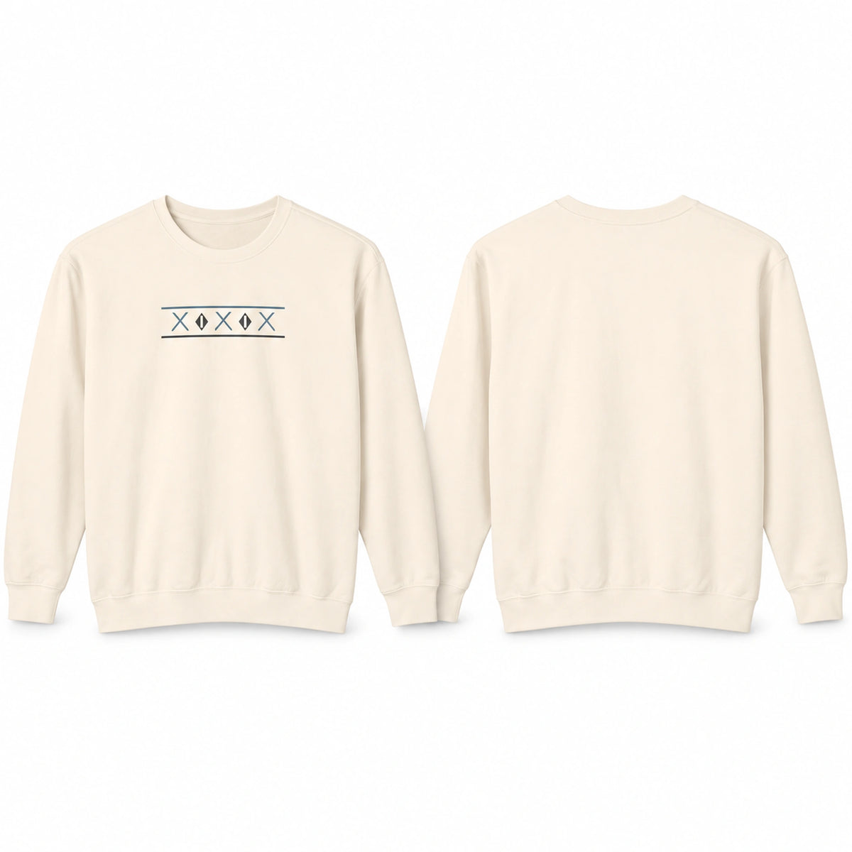 Front geometric design and plain back views of the Ivory Tinos Dovecote Geometry crewneck