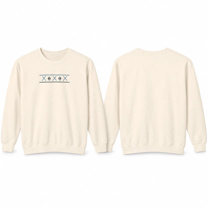 Front geometric design and plain back views of the Ivory Tinos Dovecote Geometry crewneck