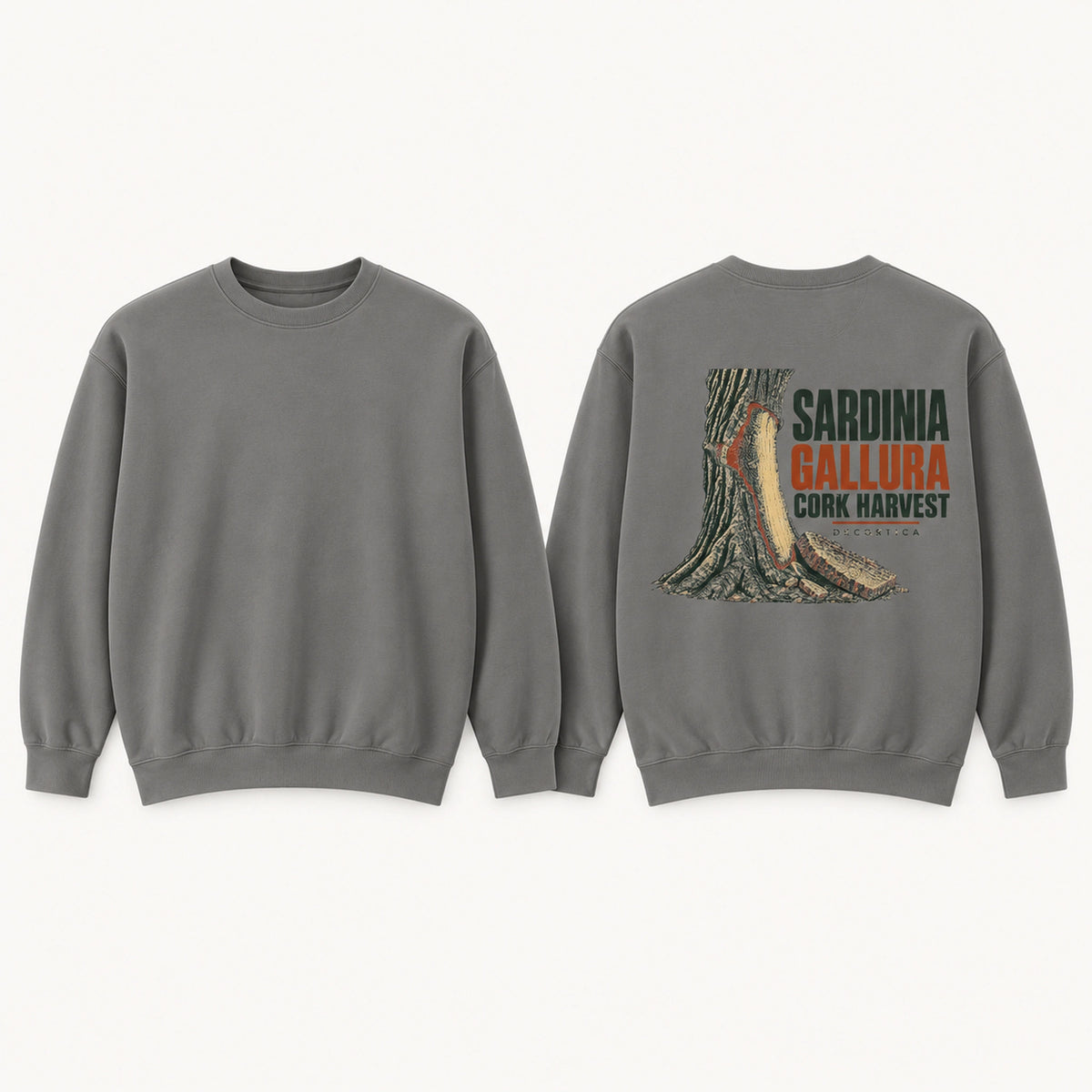 Sardinia Cork Harvest Grey sweatshirt front and back flat lay