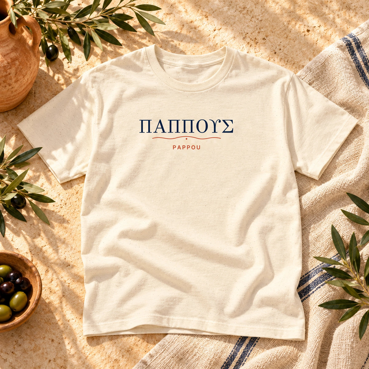 PAPPOU Natural unisex T-shirt flat lay with Mediterranean styling