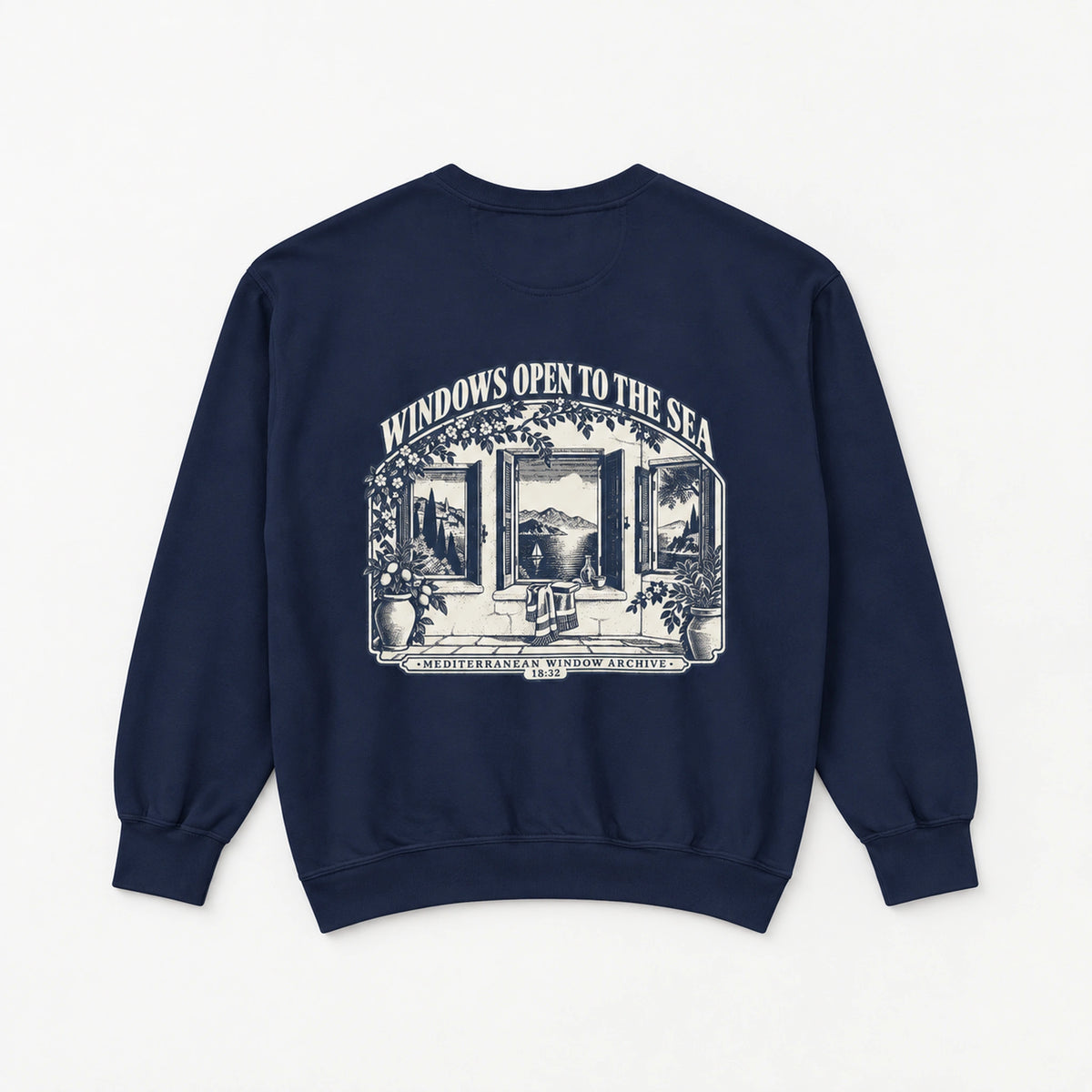 Windows Open to the Sea True Navy Comfort Colors 1566 sweatshirt back flat lay with full Mediterranean window artwork.