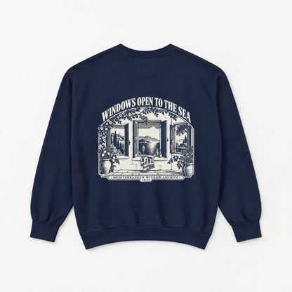 Windows Open to the Sea True Navy Comfort Colors 1566 sweatshirt back flat lay with full Mediterranean window artwork.