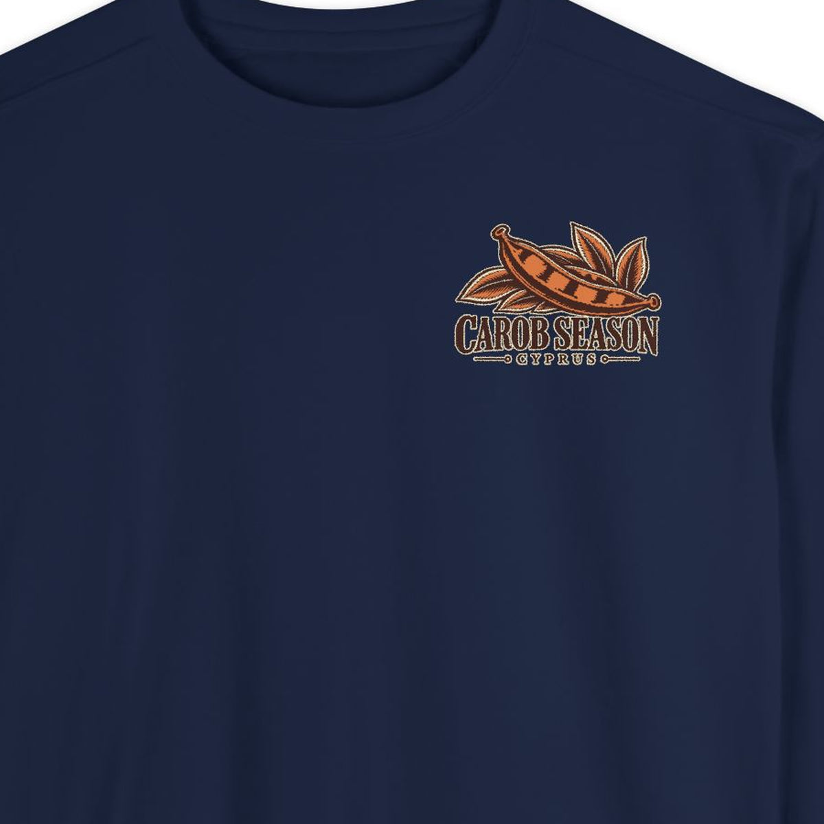 Carob Season Cyprus Harvest True Navy chest print detail
