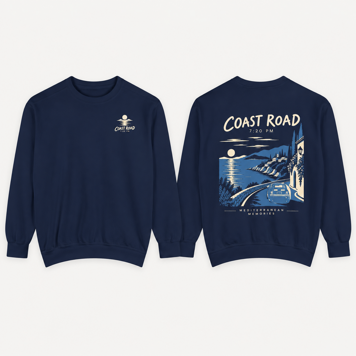 Coast Road 7:20 PM True Navy sweatshirt front and back product overview.